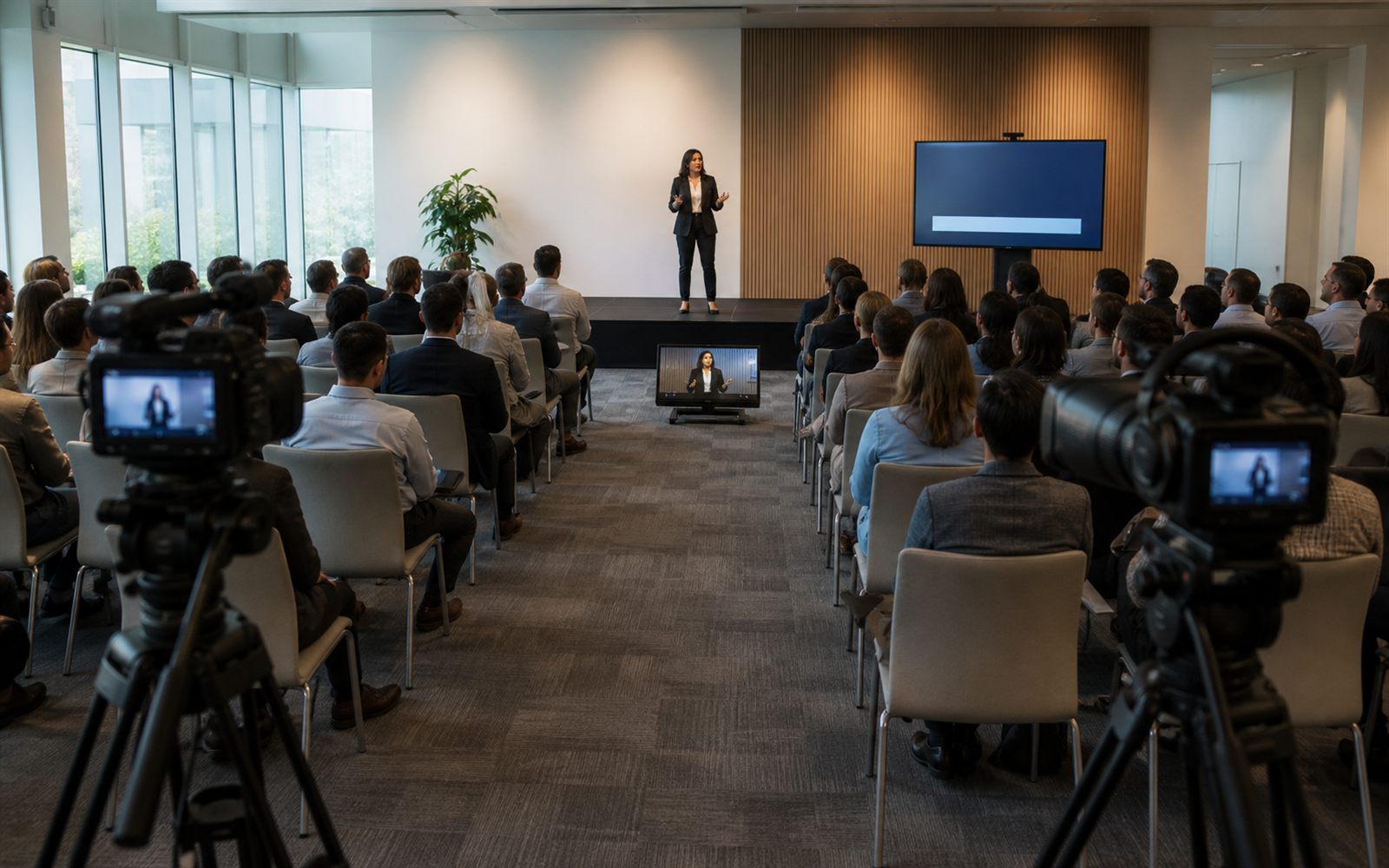 A company town hall in a modern office room: a presenter on a low stage, a large screen behind her, a confidence monitor on the floor, a seated in-room audience, and two broadcast cameras with operators at the back.